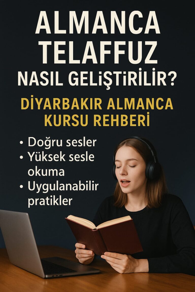 Almanca telaffuz geliştirme – kulaklıkla kitap okuyan öğrenci ve Almanca telâffuz rehberi tasarımı