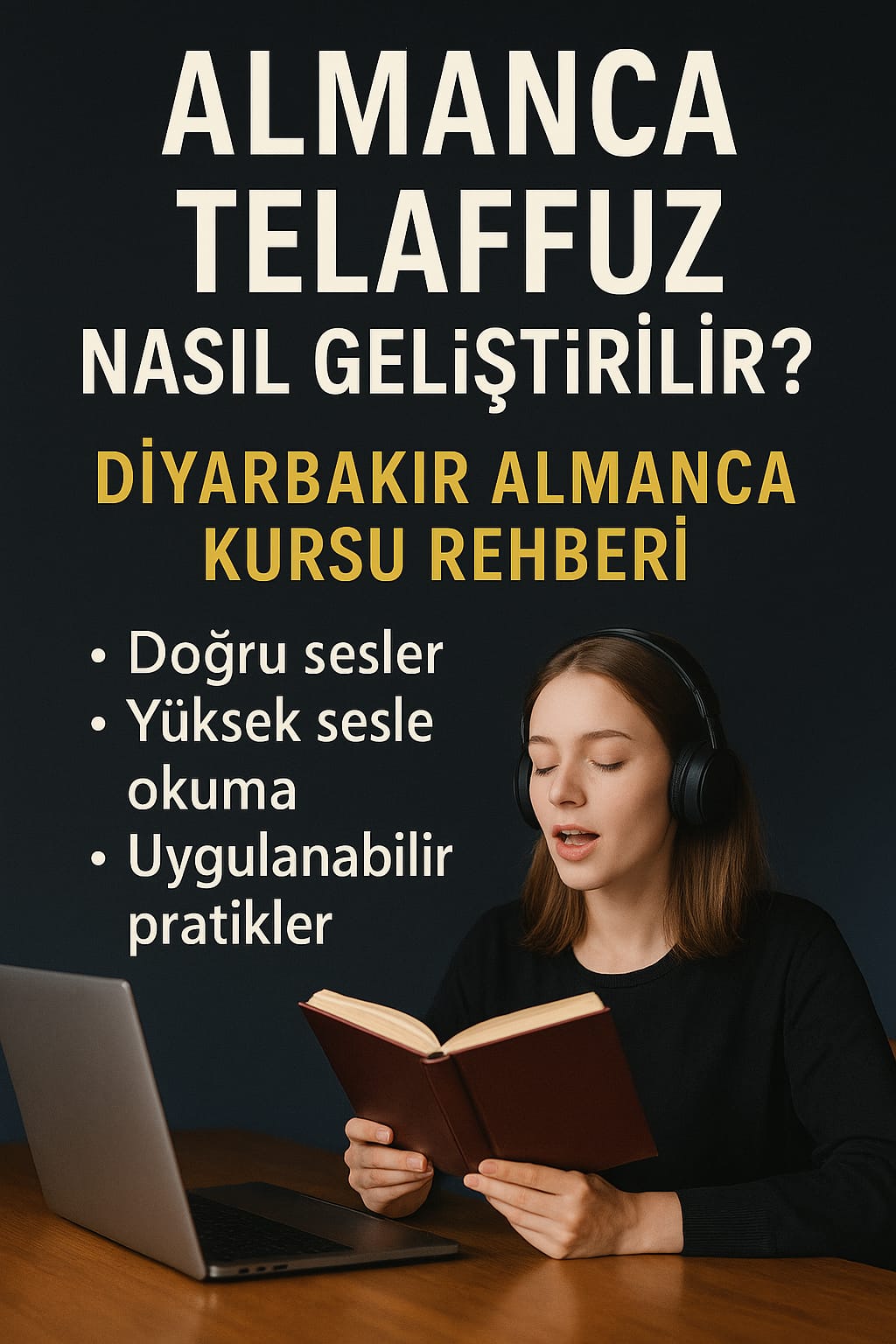 Almanca telaffuz geliştirme – kulaklıkla kitap okuyan öğrenci ve Almanca telâffuz rehberi tasarımı
